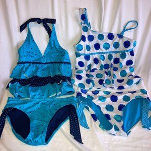 Lot of 2 Girls Justice 2pc Tankini Swimwear Blue White Stars Dots Sz 14 - EUC!